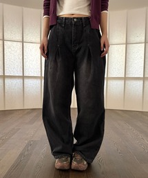【低身長 / 高身長用 サイズが選べるカラーパンツ】【 3color / 3size 】【ユニセックスデニム】ユニークフロントタックワイドデニムパンツ