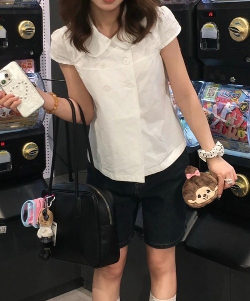 LADY LIKE(レディライク)の「【春夏新作】ダブルボタンパフスリーブ半袖ブラウス(シャツ/ブラウス・レディース・ブラック/ホワイト・M)」の7枚目の写真