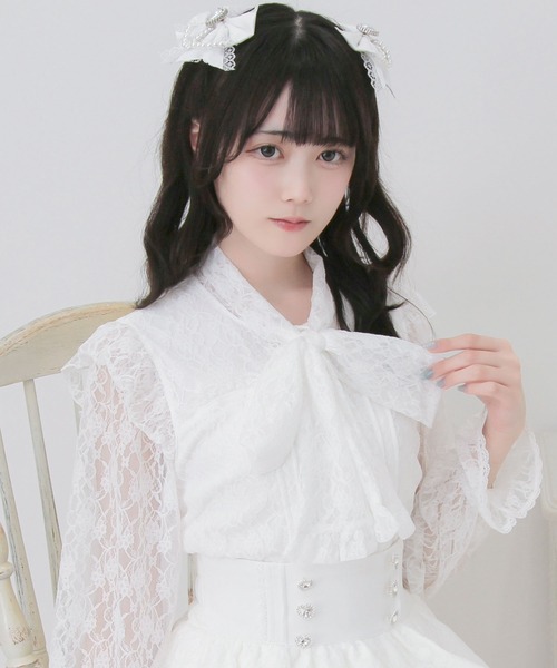 DearMyLove(ディアマイラブ)の「ボウタイリボンフリルレースブラウス(シャツ/ブラウス・レディース・ブラック/ホワイト・3L/LARGE/MEDIUM)」の3枚目の写真