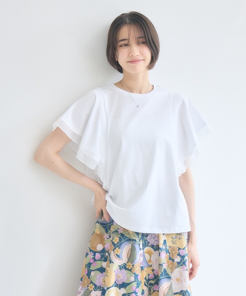 KATHARINE ROSS(キャサリンロス)の「【接触冷感/UVカット/遮熱/毛玉防止】フリル袖プルオーバー/シフォン袖Tシャツ(Tシャツ/カットソー・レディース・ホワイト/ブラック・FREE)」の1枚目の写真