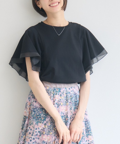 KATHARINE ROSS(キャサリンロス)の「【接触冷感/UVカット/遮熱/毛玉防止】フリル袖プルオーバー/シフォン袖Tシャツ(Tシャツ/カットソー・レディース・ホワイト/ブラック・FREE)」の2枚目の写真