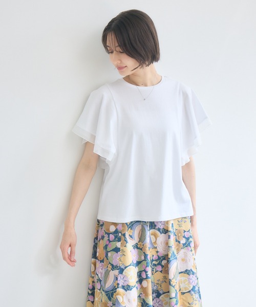 KATHARINE ROSS(キャサリンロス)の「【接触冷感/UVカット/遮熱/毛玉防止】フリル袖プルオーバー/シフォン袖Tシャツ(Tシャツ/カットソー・レディース・ホワイト/ブラック・FREE)」の3枚目の写真