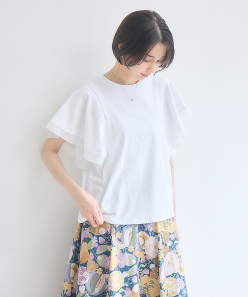 KATHARINE ROSS(キャサリンロス)の「【接触冷感/UVカット/遮熱/毛玉防止】フリル袖プルオーバー/シフォン袖Tシャツ(Tシャツ/カットソー・レディース・ホワイト/ブラック・FREE)」の4枚目の写真