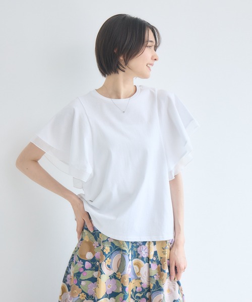 KATHARINE ROSS(キャサリンロス)の「【接触冷感/UVカット/遮熱/毛玉防止】フリル袖プルオーバー/シフォン袖Tシャツ(Tシャツ/カットソー・レディース・ホワイト/ブラック・FREE)」の5枚目の写真