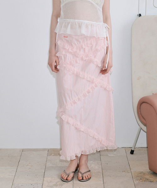 SINOON(シヌーン)の「Chiffon Frill Stripe Long Skirt (Pink)(スカート・レディース・その他・SMALL/MEDIUM)」の1枚目の写真
