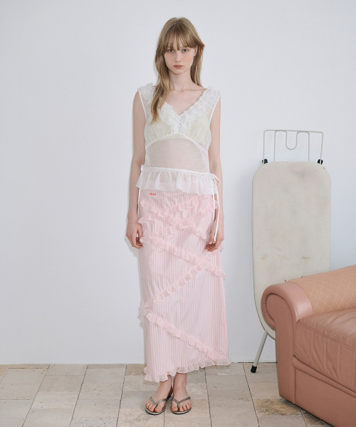 SINOON(シヌーン)の「Chiffon Frill Stripe Long Skirt (Pink)(スカート・レディース・その他・SMALL/MEDIUM)」の3枚目の写真