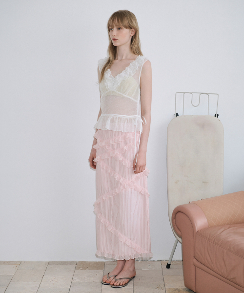 SINOON(シヌーン)の「Chiffon Frill Stripe Long Skirt (Pink)(スカート・レディース・その他・SMALL/MEDIUM)」の4枚目の写真