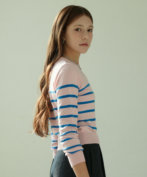 VLETI（ブレッティ）の「Cotton Round Stripe Knit (Pink)（ニット/セーター・レディース・ピンク・FREE）」の2枚目の写真
