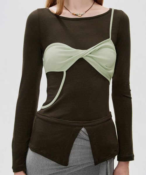 KIMZISU(キムジス)の「Twisted Bra Layer T-shirt_BROWN(Tシャツ/カットソー・レディース・ブラウン・SMALL/MEDIUM)」の6枚目の写真