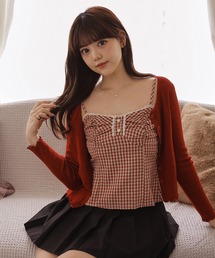 【2点セット】 チェック柄シャーリングキャミソール×リブカーディガン