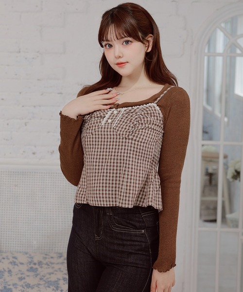 Anely(アネリー)の「【2点セット】 チェック柄シャーリングキャミソール×リブカーディガン(その他トップス・レディース・ブラック/レッド/ブラウン・FREE)」の5枚目の写真