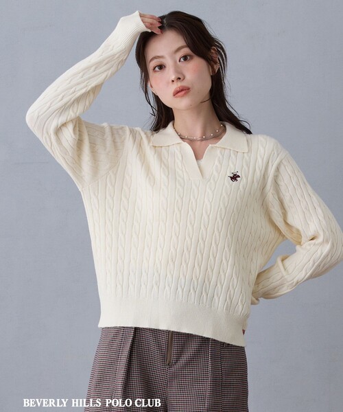 BEVERLY HILLS POLO CLUB(ビバリーヒルズポロクラブ)の「【BEVERLY HILLS POLO CLUB】スキッパーニット(ニット/セーター・レディース・その他2/イエロー/ネイビー/オフホワイト・FREE)」の1枚目の写真