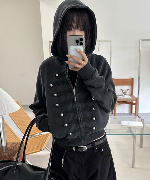 gossip!ロサンゼルス(ゴシップロサンゼルス)の「【Y2Kガーリー】ナポレオンデザインフード付きジップパーカー/ メタルボタンジップジャケット(パーカー・レディース・ブラック・M)」の10枚目の写真