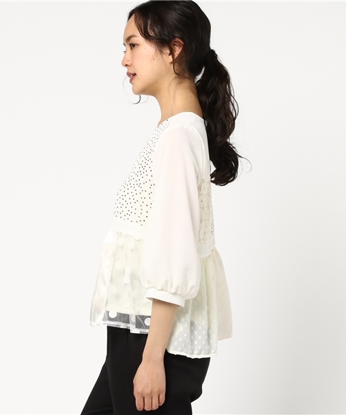 merlot plus（メルロープリュス）の「異素材パッチワークブラウス5800（シャツ/ブラウス・レディース・ブラック/ベージュ・FREE）」の4枚目の写真