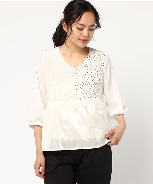 merlot plus（メルロープリュス）の「異素材パッチワークブラウス5800（シャツ/ブラウス・レディース・ブラック/ベージュ・FREE）」の12枚目の写真