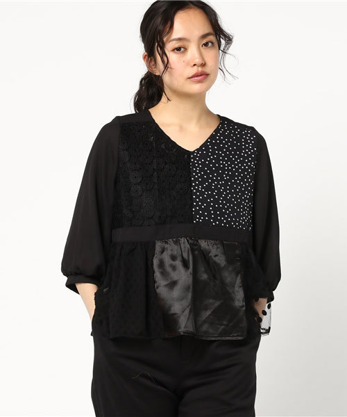merlot plus（メルロープリュス）の「異素材パッチワークブラウス5800（シャツ/ブラウス・レディース・ブラック/ベージュ・FREE）」の13枚目の写真