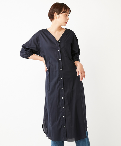 DISCOAT（ディスコート）の「キュームコアVネック前開きワンピース（ワンピース・レディース・ネイビー/オフホワイト/サンドベージュ/バイオレット・FREE）」の3枚目の写真