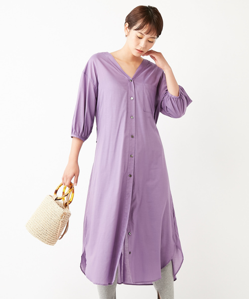 DISCOAT（ディスコート）の「キュームコアVネック前開きワンピース（ワンピース・レディース・ネイビー/オフホワイト/サンドベージュ/バイオレット・FREE）」の12枚目の写真