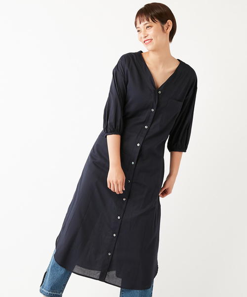 DISCOAT（ディスコート）の「キュームコアVネック前開きワンピース（ワンピース・レディース・ネイビー/オフホワイト/サンドベージュ/バイオレット・FREE）」の8枚目の写真