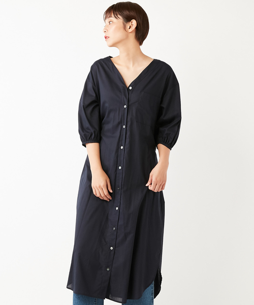 DISCOAT（ディスコート）の「キュームコアVネック前開きワンピース（ワンピース・レディース・ネイビー/オフホワイト/サンドベージュ/バイオレット・FREE）」の7枚目の写真