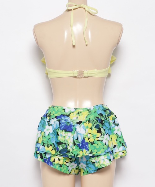 セール】花柄ショートパンツ付フリルビキニ水着3点セット（水着
