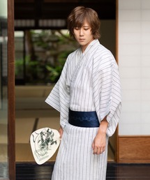 KIMONOMACHI（キモノマチ）の「メンズ 浴衣5点セット（浴衣＋角帯＋下駄＋巾着＋腰紐） 綿麻　しじら織り浴衣 父の日ギフト お祭り 花火大会 父の日 プレゼント ギフト（浴衣）」
