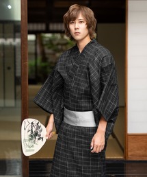 KIMONOMACHI（キモノマチ）の「メンズ 浴衣5点セット（浴衣＋角帯＋下駄＋巾着＋腰紐） 綿麻　しじら織り浴衣 父の日ギフト お祭り 花火大会 父の日 プレゼント ギフト（浴衣）」