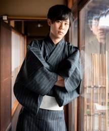 KIMONOMACHI（キモノマチ）の「メンズ 浴衣5点セット（浴衣＋角帯＋下駄＋巾着＋腰紐） 綿麻　しじら織り浴衣 父の日ギフト お祭り 花火大会 父の日 プレゼント ギフト（浴衣）」