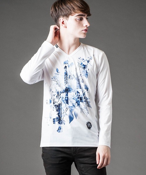 Buffalo Bobs（バッファローボブズ）の「BOUQET(ブーケ)花柄プリント Vネック ロンT（Tシャツ/カットソー・メンズ・ホワイト/ブラック・2-3/3-4/1-2）」の2枚目の写真
