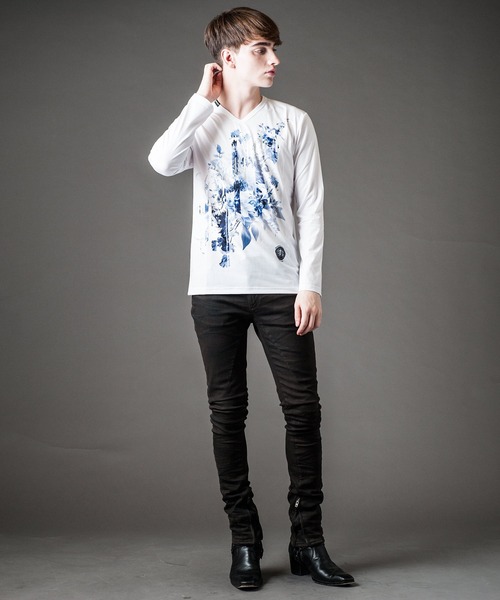 Buffalo Bobs（バッファローボブズ）の「BOUQET(ブーケ)花柄プリント Vネック ロンT（Tシャツ/カットソー・メンズ・ホワイト/ブラック・2-3/3-4/1-2）」の8枚目の写真