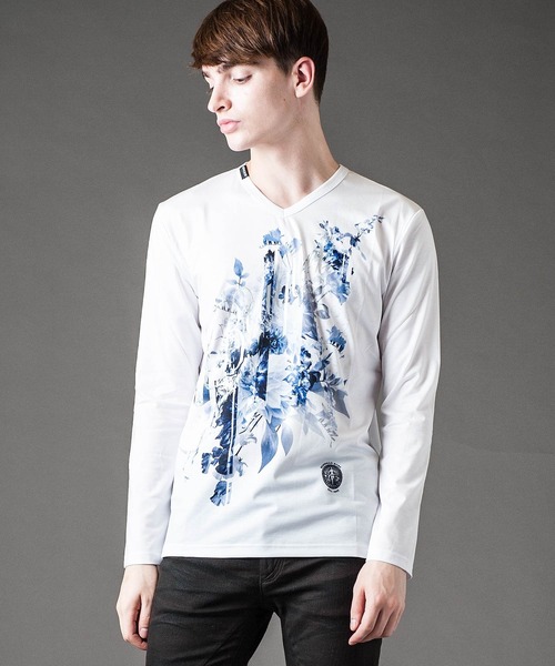 Buffalo Bobs（バッファローボブズ）の「BOUQET(ブーケ)花柄プリント Vネック ロンT（Tシャツ/カットソー・メンズ・ホワイト/ブラック・2-3/3-4/1-2）」の11枚目の写真