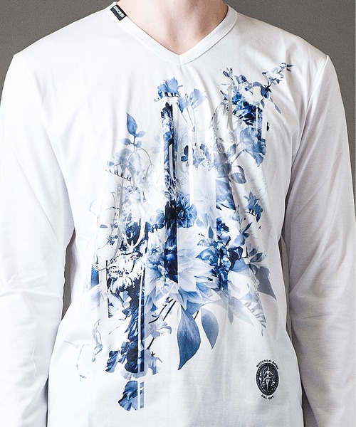 Buffalo Bobs（バッファローボブズ）の「BOUQET(ブーケ)花柄プリント Vネック ロンT（Tシャツ/カットソー・メンズ・ホワイト/ブラック・2-3/3-4/1-2）」の14枚目の写真