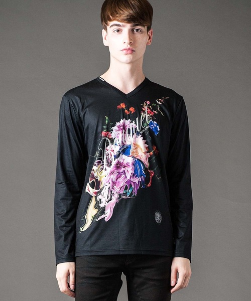 楽天市場】ブラックプリント Tシャツ 長袖 Vネック スカル
