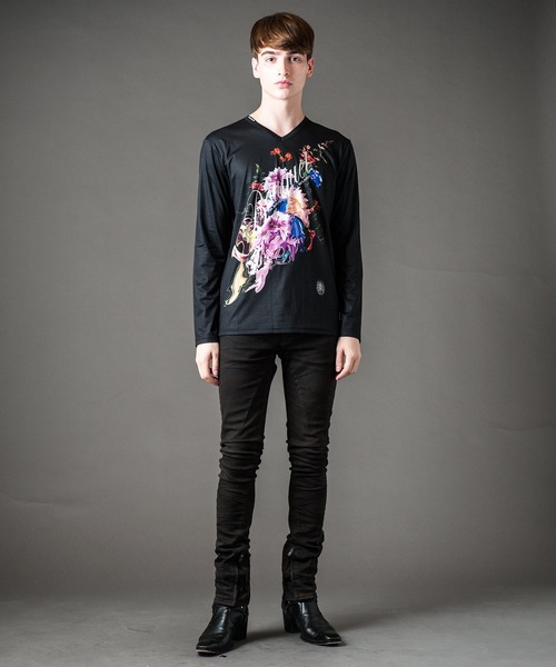 Buffalo Bobs（バッファローボブズ）の「BOUQET(ブーケ)花柄プリント Vネック ロンT（Tシャツ/カットソー・メンズ・ホワイト/ブラック・2-3/3-4/1-2）」の7枚目の写真