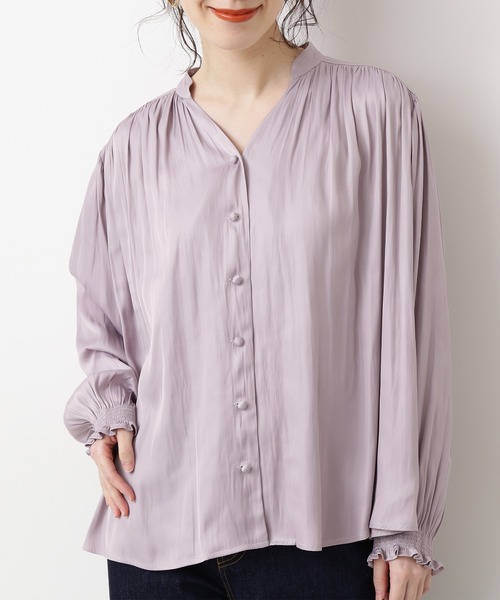 N.（N. Natural Beauty Basic）（エヌエヌナチュラルビューティーベーシック）の「◆サテンシャーリングスリーブブラウス（シャツ/ブラウス・レディース・オレンジ/オフホワイト/ラベンダー・MEDIUM）」の11枚目の写真