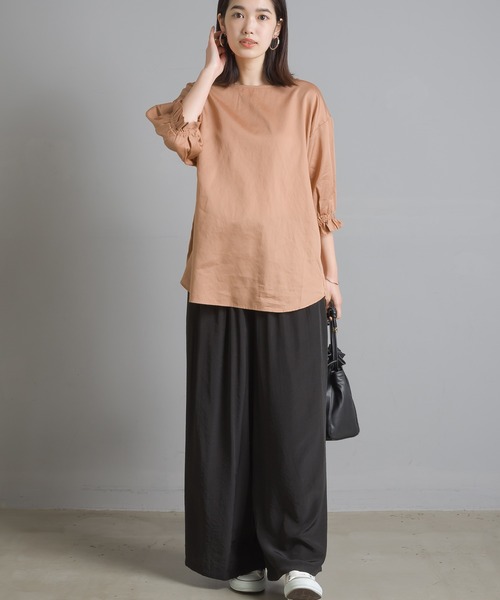 OMNES Another Edition（オムネス アナザーエディション）の「製品洗い綿サテン ボリューム袖2wayプルオーバーシャツ（シャツ/ブラウス・レディース・ホワイト/ブラウン系その他・FREE）」の8枚目の写真