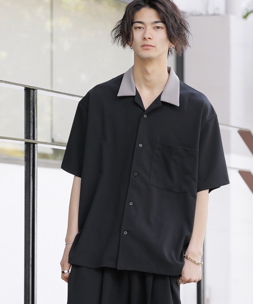 ADMIX/ATELIER SAB MEN（アドミックスアトリエサブメン）の「梨地 ジョーゼット ジャージ 配色カラー オーバーサイズ 半袖 ボウリングシャツ（シャツ/ブラウス・メンズ・ブラック/ブルーグレー/グレイッシュベージュ・48/50）」の2枚目の写真