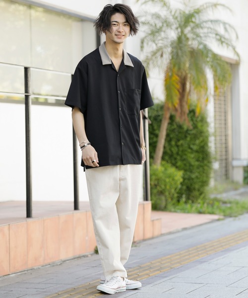 ADMIX/ATELIER SAB MEN（アドミックスアトリエサブメン）の「梨地 ジョーゼット ジャージ 配色カラー オーバーサイズ 半袖 ボウリングシャツ（シャツ/ブラウス・メンズ・ブラック/ブルーグレー/グレイッシュベージュ・48/50）」の6枚目の写真