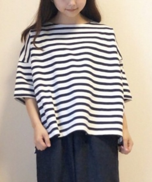 Samansa Mos2 blue（サマンサモスモスブルー）の「ボーダーバスクTee（Tシャツ/カットソー・レディース・ネイビー/イエロー/グレー/オフホワイト/サックスブルー・ﾌﾘ-）」の2枚目の写真