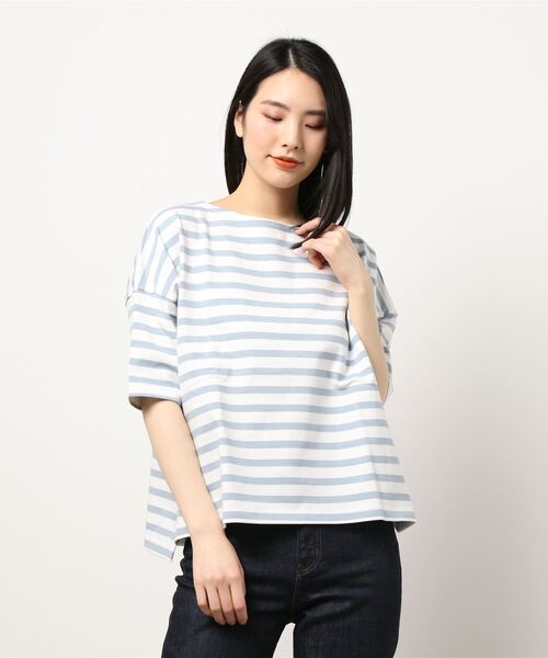 Samansa Mos2 blue（サマンサモスモスブルー）の「ボーダーバスクTee（Tシャツ/カットソー・レディース・ネイビー/イエロー/グレー/オフホワイト/サックスブルー・ﾌﾘ-）」の9枚目の写真