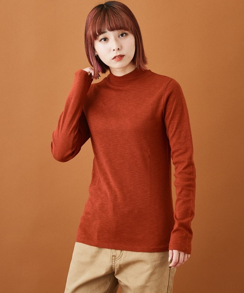 CUBE SUGAR（キューブシュガー）の「ショートスラブフライス 無地 長袖 ハイネック（Tシャツ/カットソー・レディース・ホワイト/ブラック/カーキ/イエロー/トップグレー/レンガ・M）」の6枚目の写真