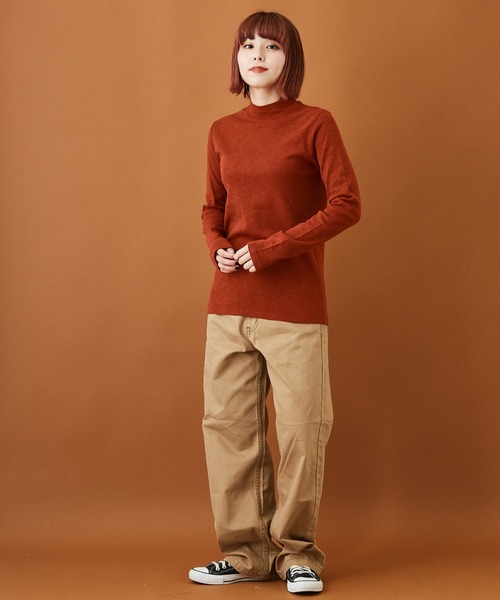 CUBE SUGAR（キューブシュガー）の「ショートスラブフライス 無地 長袖 ハイネック（Tシャツ/カットソー・レディース・ホワイト/ブラック/カーキ/イエロー/トップグレー/レンガ・M）」の21枚目の写真