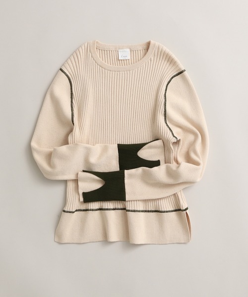 Lene（レネ）の「ギリシャコットン/バイカラークループルオーバー（ニット/セーター・レディース・ブルー/キナリ/ブラック・FREE）」の2枚目の写真