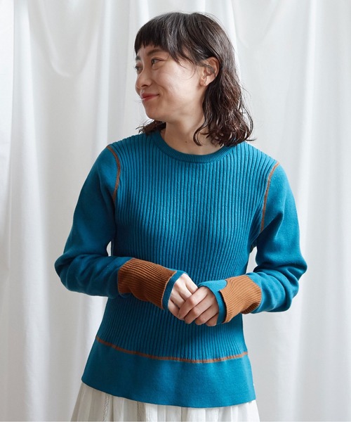 Lene（レネ）の「ギリシャコットン/バイカラークループルオーバー（ニット/セーター・レディース・ブルー/キナリ/ブラック・FREE）」の13枚目の写真