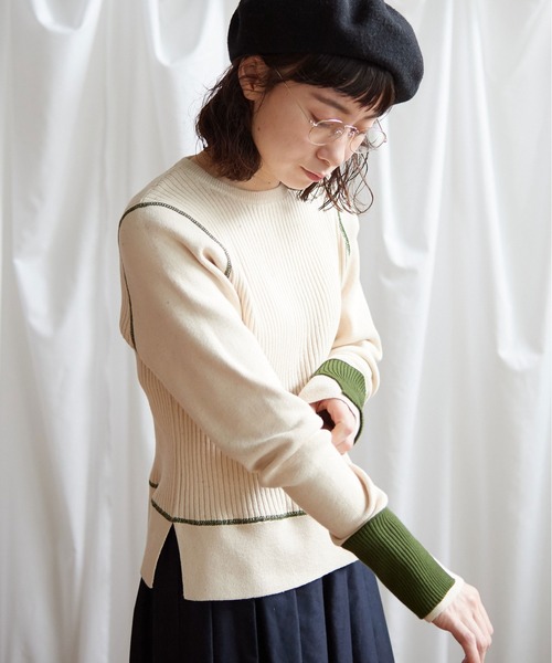 Lene（レネ）の「ギリシャコットン/バイカラークループルオーバー（ニット/セーター・レディース・ブルー/キナリ/ブラック・FREE）」の15枚目の写真