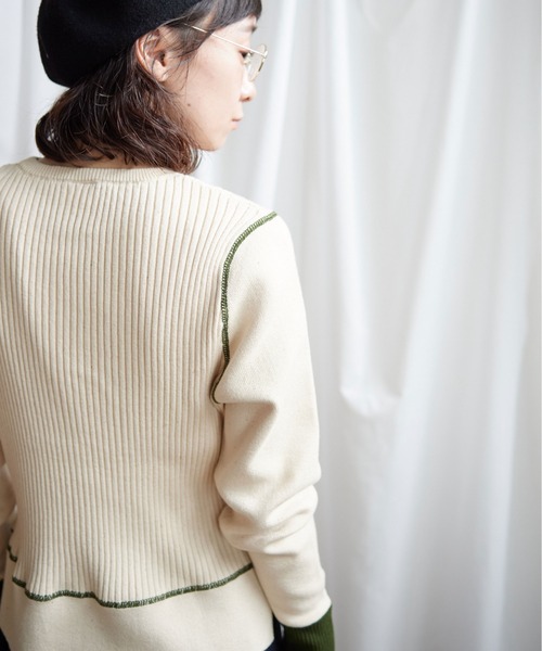 Lene（レネ）の「ギリシャコットン/バイカラークループルオーバー（ニット/セーター・レディース・ブルー/キナリ/ブラック・FREE）」の9枚目の写真