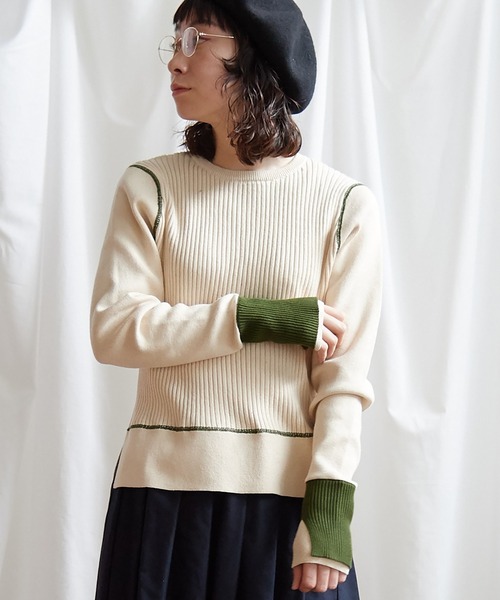 Lene（レネ）の「ギリシャコットン/バイカラークループルオーバー（ニット/セーター・レディース・ブルー/キナリ/ブラック・FREE）」の19枚目の写真