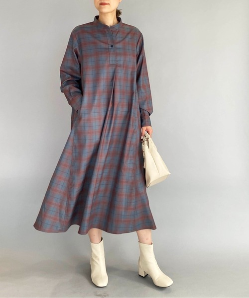 PICCIN（ピッチン）の「スキッパーフレアチェックワンピース（ワンピース・レディース・ブルーグレー/マスタード・M）」の2枚目の写真