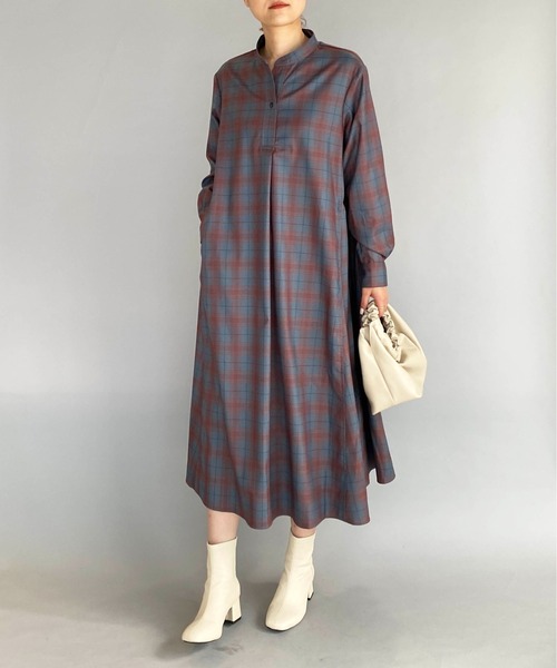 PICCIN（ピッチン）の「スキッパーフレアチェックワンピース（ワンピース・レディース・ブルーグレー/マスタード・M）」の3枚目の写真