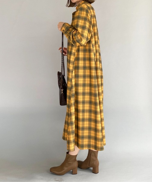 PICCIN（ピッチン）の「スキッパーフレアチェックワンピース（ワンピース・レディース・ブルーグレー/マスタード・M）」の7枚目の写真